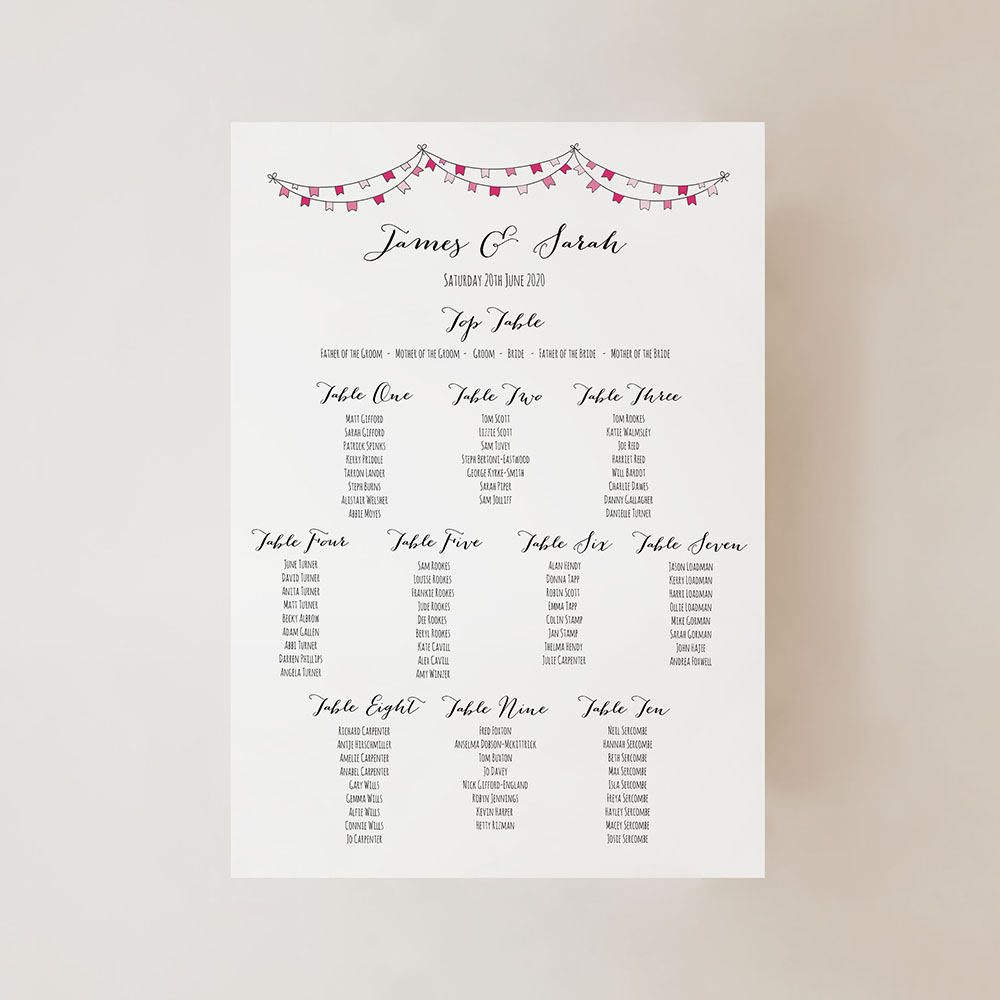 'Pink Flag Bunting' Small A3 Table Plan