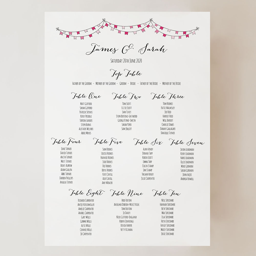 'Pink Flag Bunting' Small A3 Table Plan