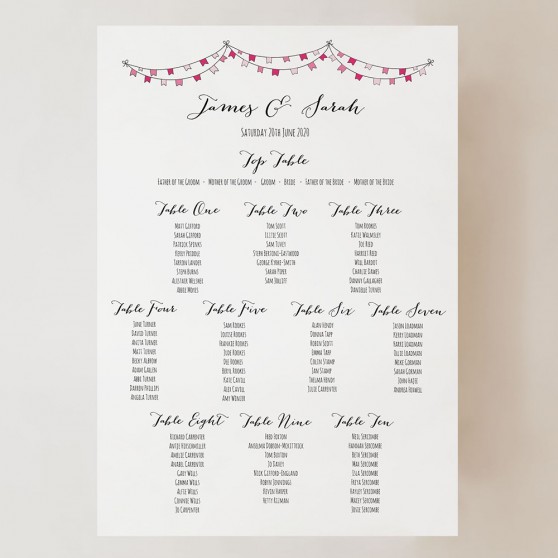 'Pink Flag Bunting' Small A3 Table Plan