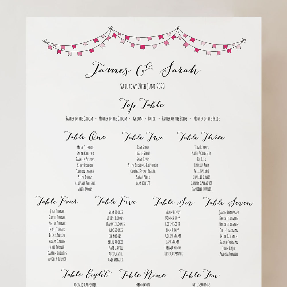 'Pink Flag Bunting' Small A3 Table Plan