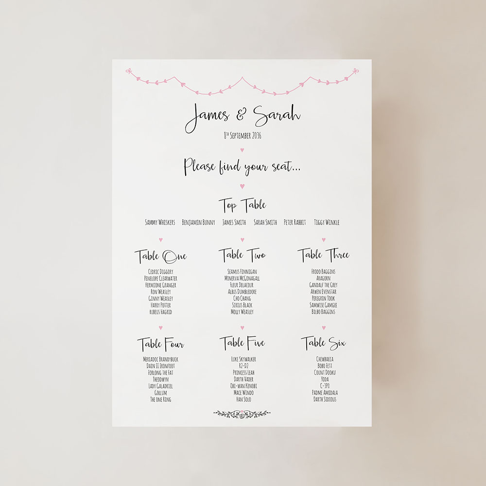 'Pink Heart Bunting' Small A3 Table Plan