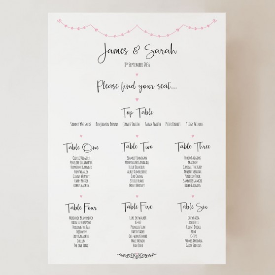 'Pink Heart Bunting' Small A3 Table Plan