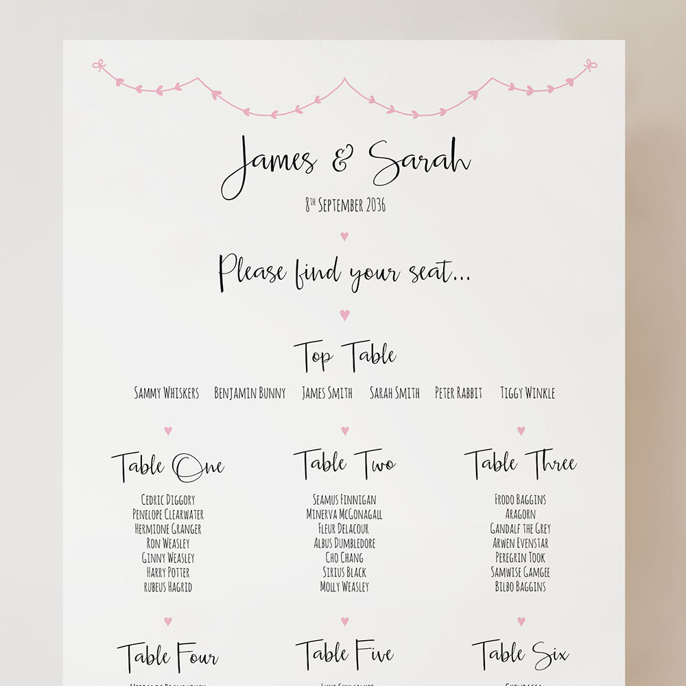 'Pink Heart Bunting' Small A3 Table Plan