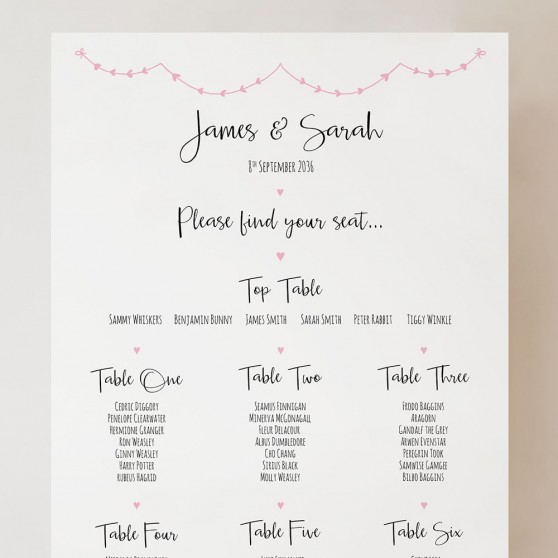 'Pink Heart Bunting' Small A3 Table Plan