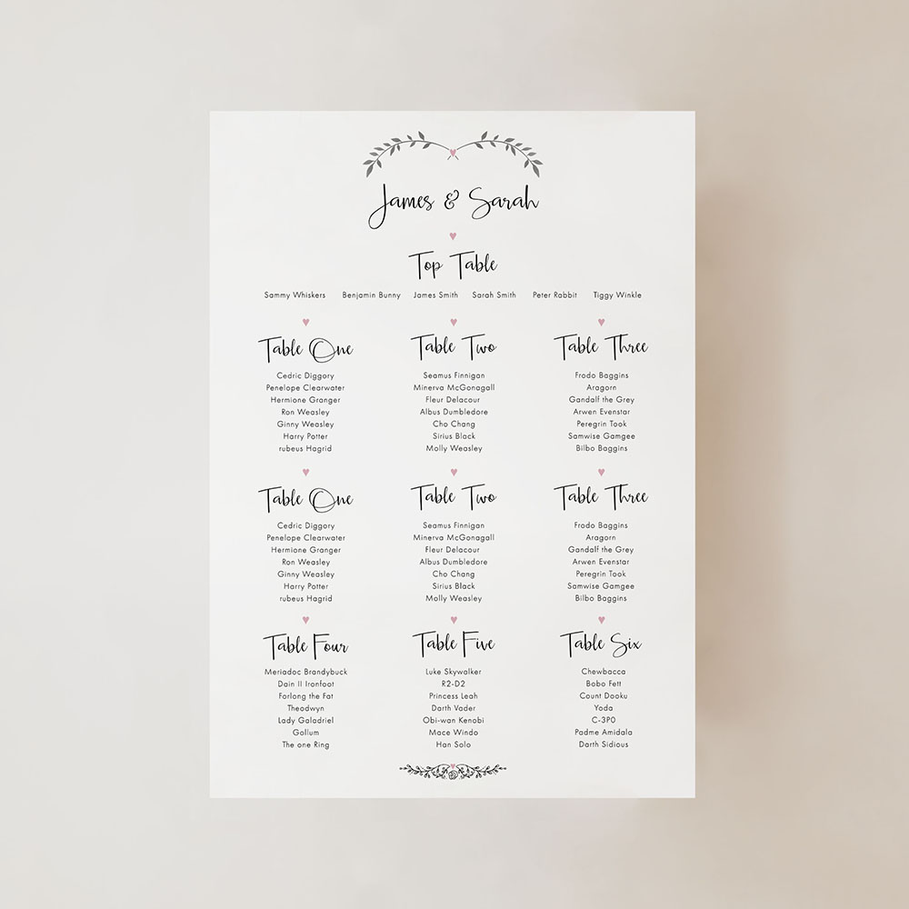 'Pink Ivy Design' Small A3 Table Plan