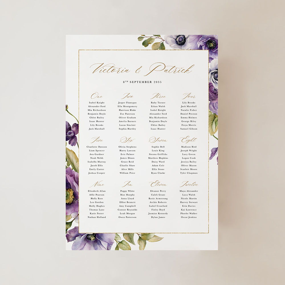 'Royal Blooms' Small A3 Table Plan