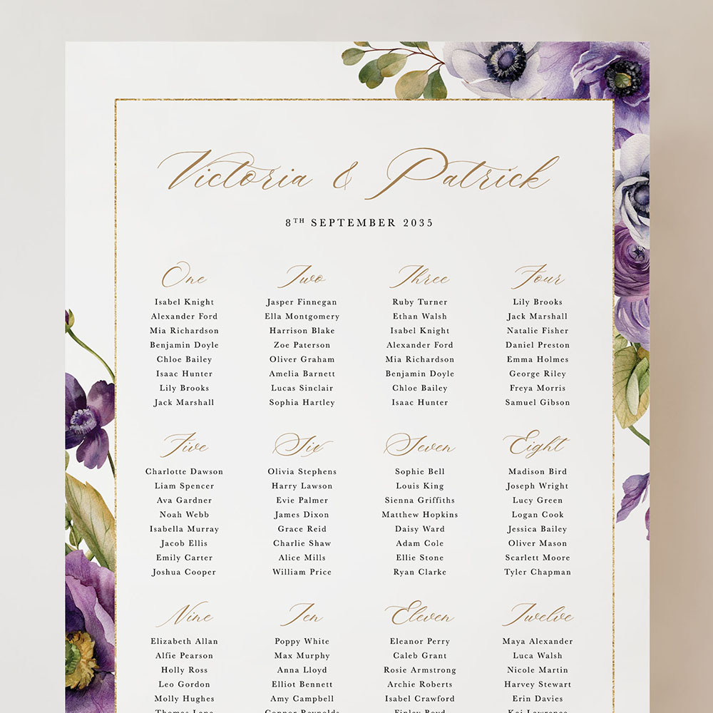 'Royal Blooms' Small A3 Table Plan