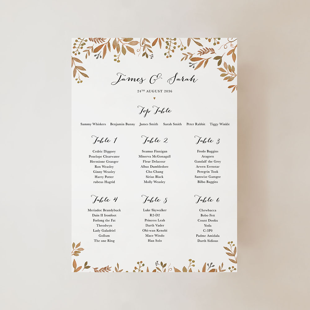 'Russet Floral Watercolour' Small A3 Table Plan