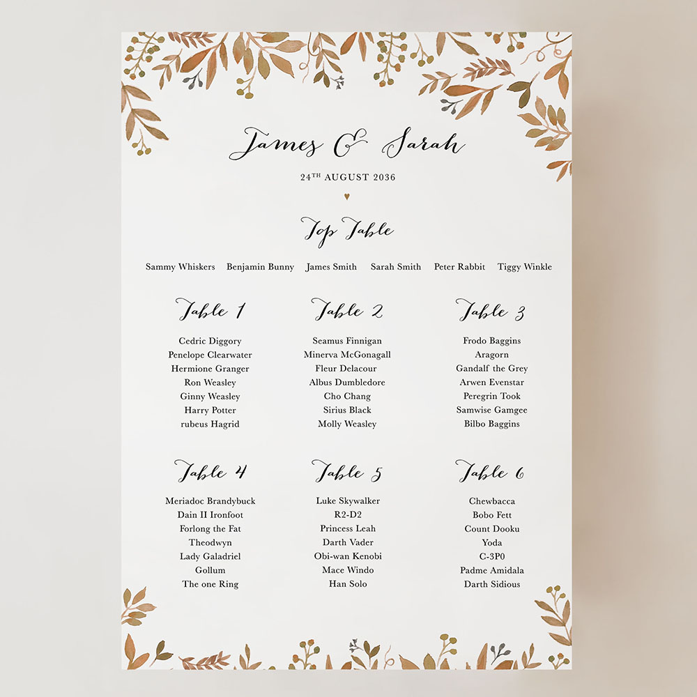 'Russet Floral Watercolour' Small A3 Table Plan