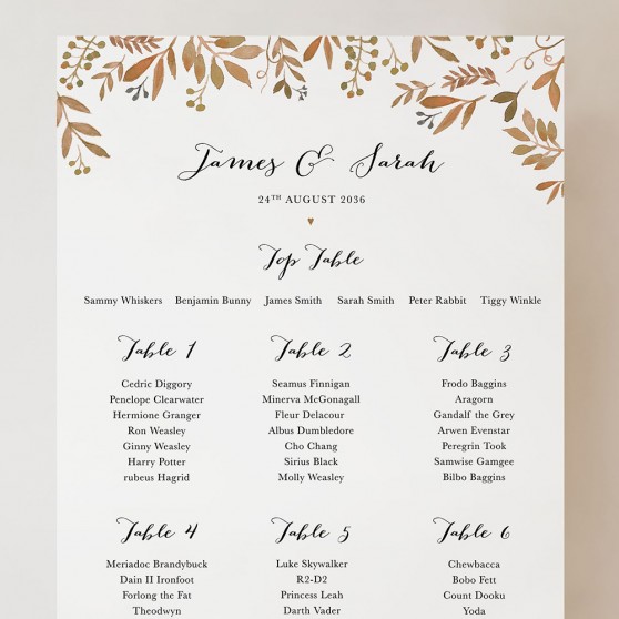 'Russet Floral Watercolour' Small A3 Table Plan