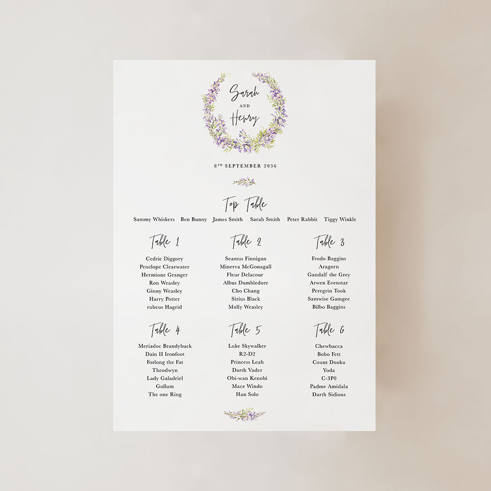 'Wisteria' Small A3 Table Plan