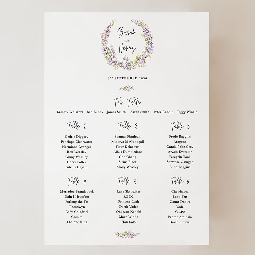 'Wisteria' Small A3 Table Plan