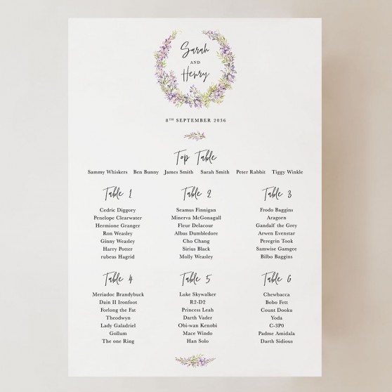 'Wisteria' Small A3 Table Plan